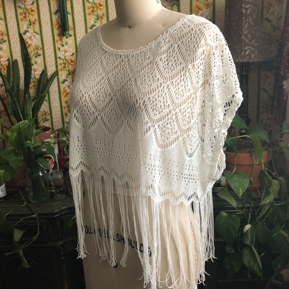 Soft White Sheer Middrift Top with Fringe!